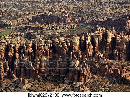 Stock Photo - "Aerial view, Chesler Park, pinnacles of the Needles District, Canyonlands National Park, Utah, USA". Fotosearch