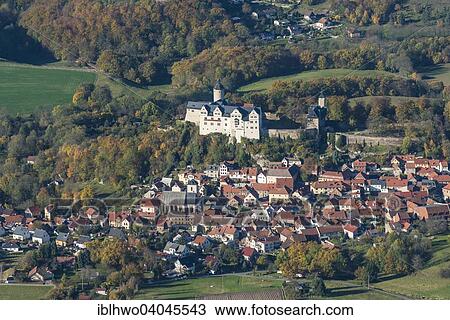 Stock Image - "Aerial view, city view and Ranis Castle, Ranis, Thuringia, Germany, Europe". Fotosearch