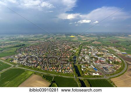 Stock Image - "Aerial view, cityscape of Olfen, Munsterland, North Rhine-Westphalia, Germany, Europe". Fotosearch