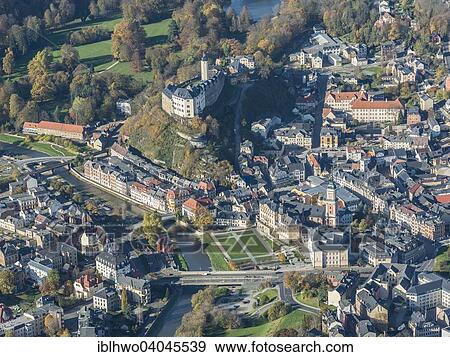 Stock Photo - "Aerial view, cityscape, Upper and Lower Castle, Greiz, Thuringia, Germany, Europe". Fotosearch