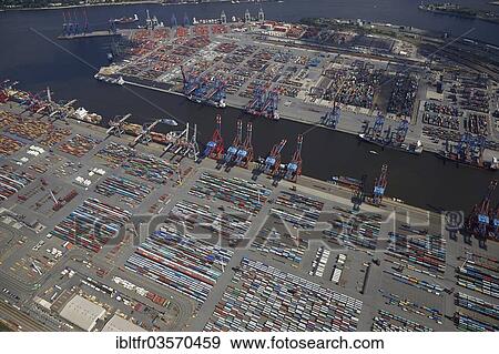 Stock Photo - "Aerial view, Container Terminal in the Port of Hamburg, Hamburg, Hamburg, Germany, Europe". Fotosearch