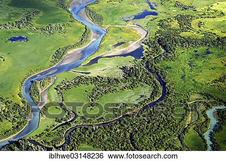 Stock Photograph - "Aerial view, course of the Columbia River, British Columbia, Invermere, British Columbia Province, Canada, North America". Fotosearch
