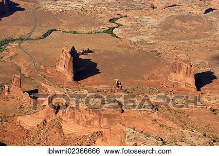 Stock Photograph - "Aerial view, Courthouse Tower, Three Gossips, Courthouse Towers section, scenic road, Arches National Park, Moab, Utah, United States of America, USA". Fotosearch