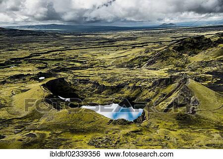 "Aerial view, crater lake, moss-covered Craters of Laki or Lakagigar, Icelandic Highlands, Southern Iceland, Suourland, Iceland, Europe" View Large Photo Image Stock Photograph - "Aerial view, crater lake, moss-covered Craters of Laki or Lakagigar, Icelandic Highlands, Southern Iceland, Suourland, Iceland, Europe". Fotosearch