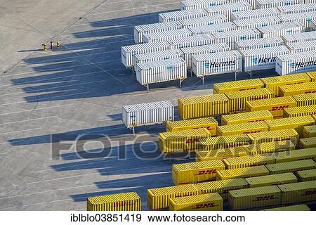 "Aerial view, DHL and Hermes containers in the port of Hamm, North Rhine-Westphalia, Germany, Europe" View Large Photo Image Stock Photo - "Aerial view, DHL and Hermes containers in the port of Hamm, North Rhine-Westphalia, Germany, Europe". Fotosearch