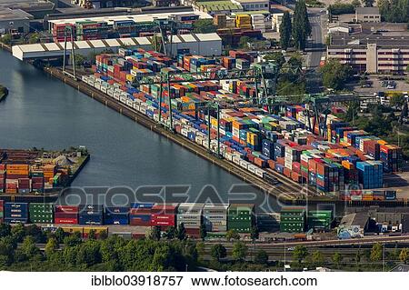 Stock Photo - "Aerial view, Dortmund port with container terminal, Dortmund, Ruhr district, North Rhine-Westphalia, Germany, Europe". Fotosearch
