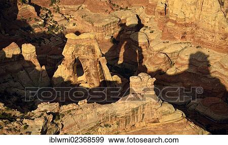Stock Photo - "Aerial view, Druid Arch with shadows, Elephant Canyon, The Needles District, Canyonlands National Park, Utah, United States of America, USA". Fotosearch