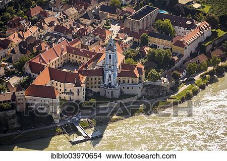 "Aerial view, Durnstein Abbey, former monastery, church in blue and white, Durnstein, Lower Austria, Austria, Europe" View Large Photo Image Picture - "Aerial view, Durnstein Abbey, former monastery, church in blue and white, Durnstein, Lower Austria, Austria, Europe". Fotosearch
