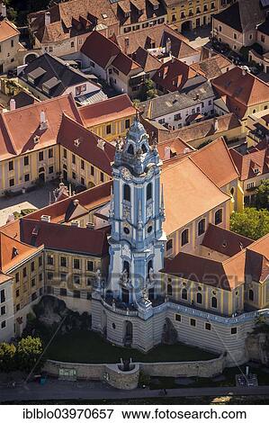 "Aerial view, Durnstein Abbey, former monastery, church in blue and white, Durnstein, Lower Austria, Austria, Europe" View Large Photo Image Stock Photo - "Aerial view, Durnstein Abbey, former monastery, church in blue and white, Durnstein, Lower Austria, Austria, Europe". Fotosearch