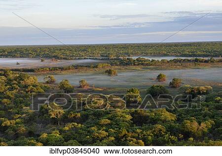 Stock Image - "Aerial view, early morning in the Kasanka National Park, Zambia, Africa". Fotosearch