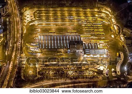 "Aerial view, EVAG, Essener Verkehrsbetriebe, public transport company, tram depot, at night, Stadtbezirke I, Essen, North Rhine-Westphalia, Germany, Europe" View Large Photo Image Picture - "Aerial view, EVAG, Essener Verkehrsbetriebe, public transport company, tram depot, at night, Stadtbezirke I, Essen, North Rhine-Westphalia, Germany, Europe". Fotosearch