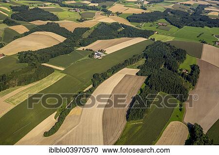 Stock Image - "Aerial view, fields and meadows, alpine upland, Krennhof, Upper Austria, Austria, Europe". Fotosearch