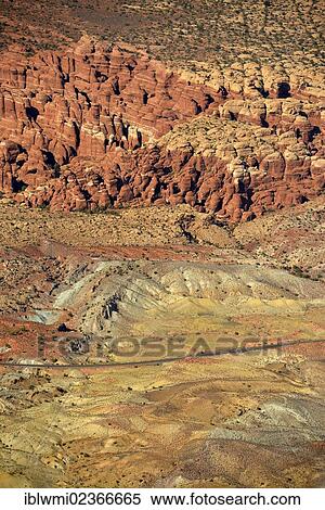 Stock Photography - "Aerial view, Fiery Furnace rock garden, Salt Valley, scenic road, Arches National Park, Moab, Utah, United States of America, USA". Fotosearch