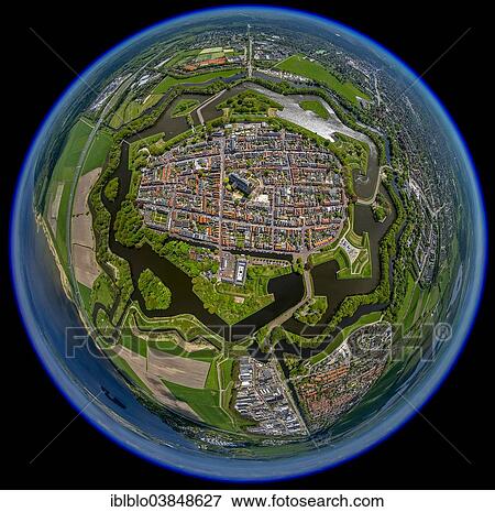 Stock Photo - "Aerial view, fish eye image, Naarden, fortified town, Province of North-Holland, Netherlands". Fotosearch