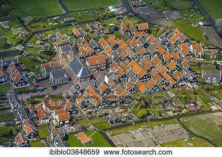 Stock Photo - "Aerial view, fishermen's houses on the Marken peninsula, Province of North-Holland, Netherlands". Fotosearch