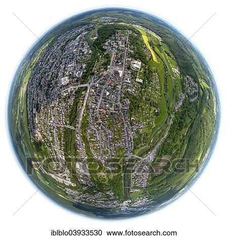 Stock Image - "Aerial view, fisheye, Arnsberg, Sauerland, North Rhine-Westphalia, Germany, Europe". Fotosearch