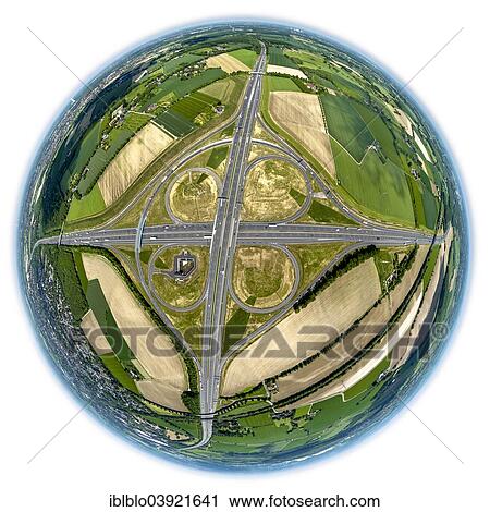 Stock Image - "Aerial view, fisheye, Kamener Kreuz intersection, highways A2 und A1 s, Kamen, Ruhr district, North Rhine-Westphalia, Germany, Europe". Fotosearch