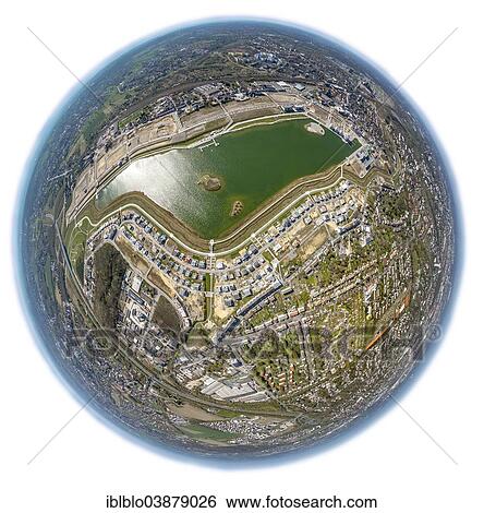 Stock Photograph - "Aerial view, fisheye shot, Phoenix Lake, Horde, Dortmund, Ruhr district, North Rhine-Westphalia, Germany, Europe". Fotosearch