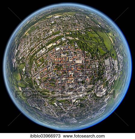 Stock Image - "Aerial view, fisheye view, town centre of Lippstadt, North Rhine-Westphalia, Germany, Europe". Fotosearch