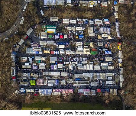 Stock Photography - "Aerial view, flea market in the Dortmund University car park, Dortmund, Ruhr Area, North Rhine-Westphalia, Germany, Europe". Fotosearch