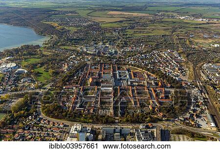 Stock Image - "Aerial view, four-goal City, the four gates, medieval fortifications, Muritz, Mecklenburg Lake District, Neubrandenburg, Mecklenburg-Western Pomerania, Germany, Europe". Fotosearch