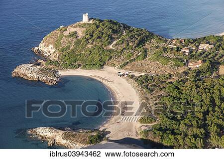 Stock Image - "Aerial view, from Torre di Chia, south coast, Sardinia, Italy, Europe". Fotosearch