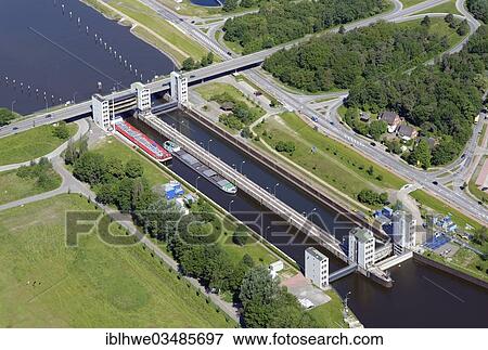 Stock Photo - "Aerial view, Geesthacht Lock on the Elbe River, Geesthacht, Schleswig-Holstein, Germany, Europe". Fotosearch