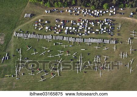 Stock Photography - "Aerial view, gliders on the airfield at Klix for the gliding competition """"Cup of the Old Long Ears"""", Klix, Saxony, Germany, Europe". Fotosearch