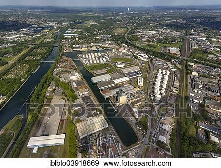 "Aerial view, harbour on the Rhine-Herne Canal, Gelsenkirchen, North Rhine-Westphalia, Germany, Europe" View Large Photo Image Stock Photo - "Aerial view, harbour on the Rhine-Herne Canal, Gelsenkirchen, North Rhine-Westphalia, Germany, Europe". Fotosearch