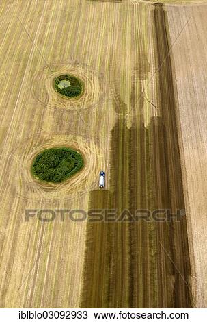 Stock Image - "Aerial view, harvested field with forest islands, tractor spreading slurry, Gross Kedingshagen, Kramerhof, Mecklenburg-Western Pomerania, Germany, Europe". Fotosearch