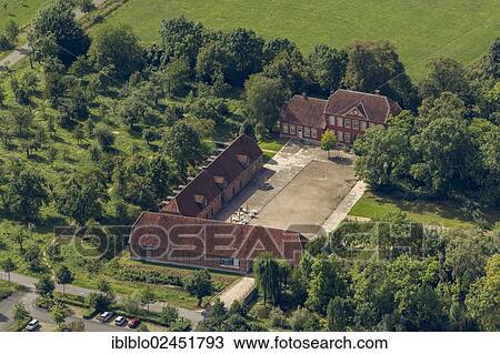 Stock Image - "Aerial view, Haus Nottbeck, Rheda-Wiedenbrueck, Soester Boerde, North Rhine-Westphalia, Germany, Europe". Fotosearch
