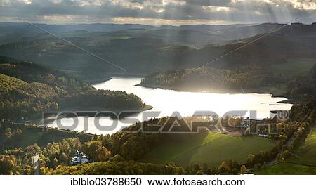 Stock Image - "Aerial view, Hennesee Lake, Hennetalsperre reservoir, Meschede, Sauerland area, North Rhine-Westphalia, Germany, Europe". Fotosearch