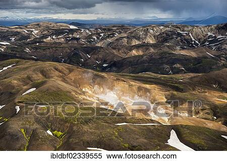 "Aerial view, high-temperature area, geothermal area, rhyolite mountains partially covered with snow, Landmannalaugar, Fjallabak conservation area, Icelandic Highlands, Iceland, Europe" View Large Photo Image Stock Photography - "Aerial view, high-temperature area, geothermal area, rhyolite mountains partially covered with snow, Landmannalaugar, Fjallabak conservation area, Icelandic Highlands, Iceland, Europe". Fotosearch