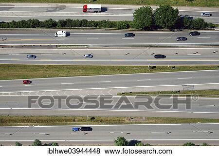 Stock Photo - "Aerial view, highway with many lanes, Hamburg, Germany, Europe". Fotosearch