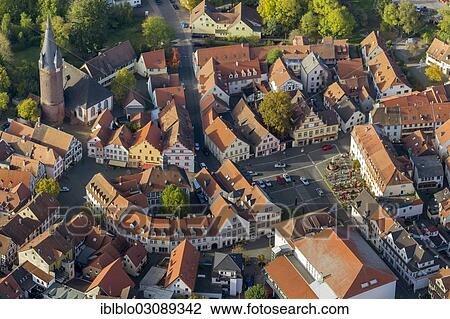 Stock Image - "Aerial view, historic town centre with historic houses, Alter Turm tower, Ottweiler, Saarland, Germany, Europe". Fotosearch