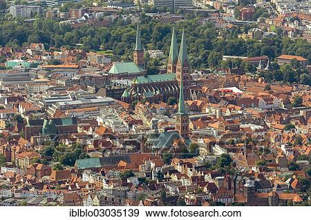 Stock Photo - "Aerial view, historic town centre with St. James's Church, St. Mary's Church and St. Peter's Church, Altstadt, Innenstadt, Lubeck, Schleswig-Holstein, Germany, Europe". Fotosearch