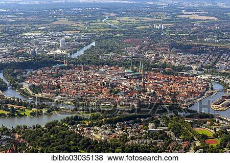 "Aerial view, historic town island, historic center, Lubeck, Schleswig-Holstein, Germany, Europe" View Large Photo Image Stock Photo - "Aerial view, historic town island, historic center, Lubeck, Schleswig-Holstein, Germany, Europe". Fotosearch