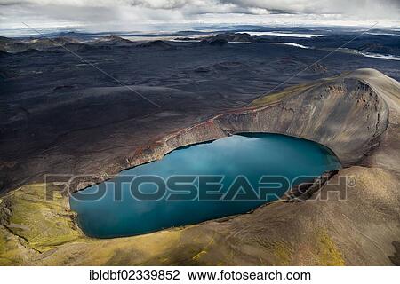 "Aerial view, Hnausapollur crater lake or volcano caldera, also known as Blahylur or Litlaviti, Landmannalaugar, Fjallabak Conservation Area, Icelandic Highlands, Iceland, Europe" View Large Photo Image Stock Image - "Aerial view, Hnausapollur crater lake or volcano caldera, also known as Blahylur or Litlaviti, Landmannalaugar, Fjallabak Conservation Area, Icelandic Highlands, Iceland, Europe". Fotosearch