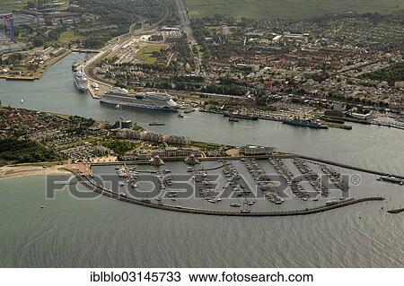 Stock Image - "Aerial view, Hohe Duene marina, Hanse Sail Rostock, Warnemunde, Rostock, Mecklenburg-Western Pomerania, Germany, Europe". Fotosearch