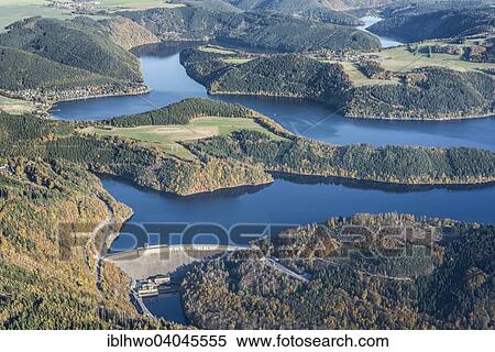 Stock Photography - "Aerial view, Hohenwartetalsperre reservoir, 1936-42, part of the 80 km long Saale cascade, Kaulsdorf, Thuringia, Germany, Europe". Fotosearch