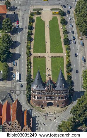 "Aerial view, Holsten Gate, historic center, Lubeck, Schleswig-Holstein, Germany, Europe" View Large Photo Image Stock Photo - "Aerial view, Holsten Gate, historic center, Lubeck, Schleswig-Holstein, Germany, Europe". Fotosearch
