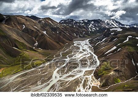 "Aerial view, Joekulgilkvisl braided river, rhyolite mountains partially covered with snow, Landmannalaugar, Fjallabak conservation area, Icelandic Highlands, Iceland, Europe" View Large Photo Image Stock Photography - "Aerial view, Joekulgilkvisl braided river, rhyolite mountains partially covered with snow, Landmannalaugar, Fjallabak conservation area, Icelandic Highlands, Iceland, Europe". Fotosearch