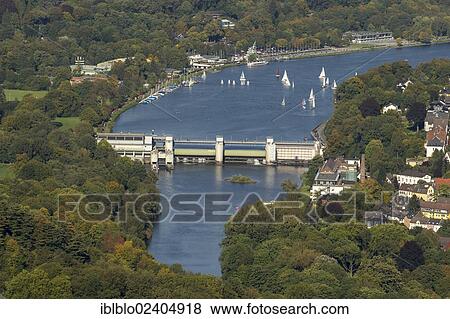 "Aerial view, Lake Baldeneysee as seen from Werden, Essen, Ruhr area, North Rhine-Westphalia, Germany, Europe" View Large Photo Image Stock Photo - "Aerial view, Lake Baldeneysee as seen from Werden, Essen, Ruhr area, North Rhine-Westphalia, Germany, Europe". Fotosearch