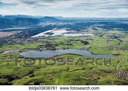 Stock Image - "Aerial view, lake Riegsee and lake Staffelsee, Murnau, Upper Bavaria, Bavaria, Germany, Europe". Fotosearch