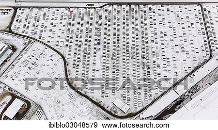Stock Photo - "Aerial view, large parking lot of Helf Automobil-Logistik GmbH, Katernberg, Essen, North Rhine-Westphalia, Germany, Europe". Fotosearch