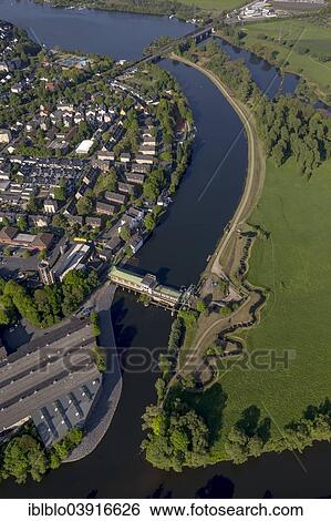 Stock Photograph - "Aerial view, lock with fish ladder, Ruhr dam, Ruhr, Obergraben, Wetter, Ruhr district, North Rhine-Westphalia, Germany, Europe". Fotosearch
