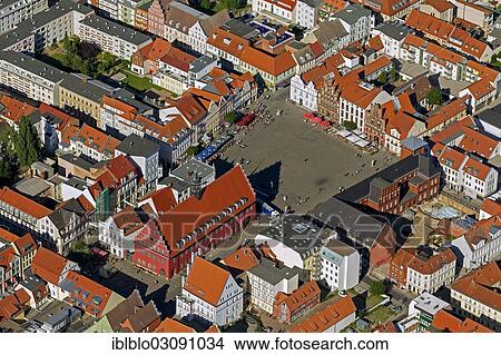 Picture - "Aerial view, market square and Town Hall, Greifswald, Mecklenburg-Western Pomerania, Germany, Europe". Fotosearch