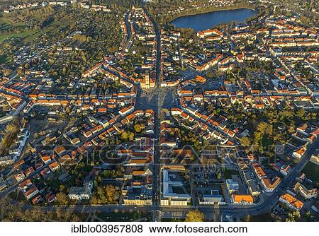 "Aerial view, market square with eight axis and roundabout, City Hall and City Church, Neustrelitz, Mecklenburg-Western Pomerania, Germany, Europe" View Large Photo Image Stock Photo - "Aerial view, market square with eight axis and roundabout, City Hall and City Church, Neustrelitz, Mecklenburg-Western Pomerania, Germany, Europe". Fotosearch