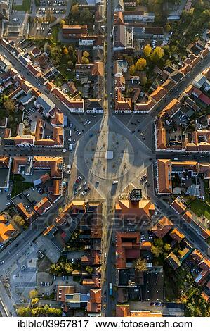 "Aerial view, market square with eight axis and roundabout, City Hall and City Church, Neustrelitz, Mecklenburg-Western Pomerania, Germany, Europe" View Large Photo Image Stock Photo - "Aerial view, market square with eight axis and roundabout, City Hall and City Church, Neustrelitz, Mecklenburg-Western Pomerania, Germany, Europe". Fotosearch