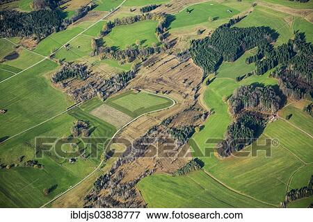 Stock Photo - "Aerial view, meadows and fields near Murnau, Upper Bavaria, Bavaria, Germany, Europe". Fotosearch
